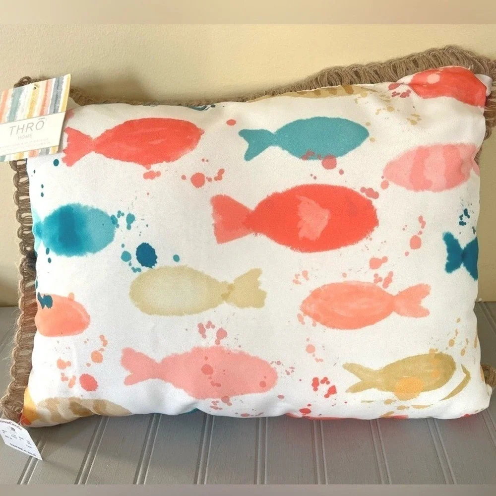 Thro Home Colorful Fish Pattern Indoor Outdoor Decorative Pillow NWT Rectangular